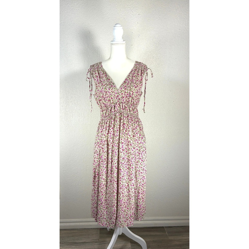 CottageCore Floral Midi Dress with Smocked Waist, V-neck and bows - Size M